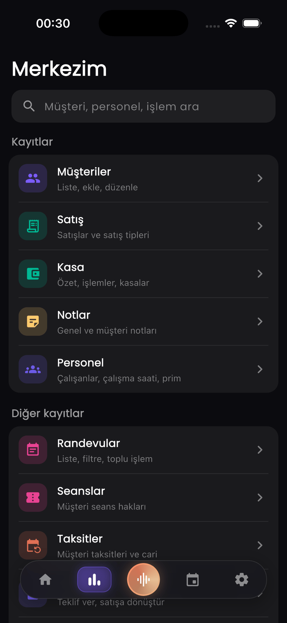 Müşteri kayıtları ekranı